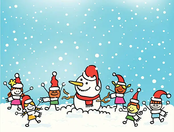 Vector illustration of Happy christmas Kids and Snowman cartoon
