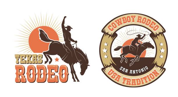 ilustrações de stock, clip art, desenhos animados e ícones de rodeo retro emblem with cowboy horse rider silhouette - cowboy