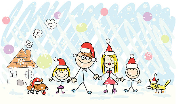 weihnachten cartoon illustration mit big familie-mutter, vater, kinder, senioren - weihnachten familie stock-grafiken, -clipart, -cartoons und -symbole