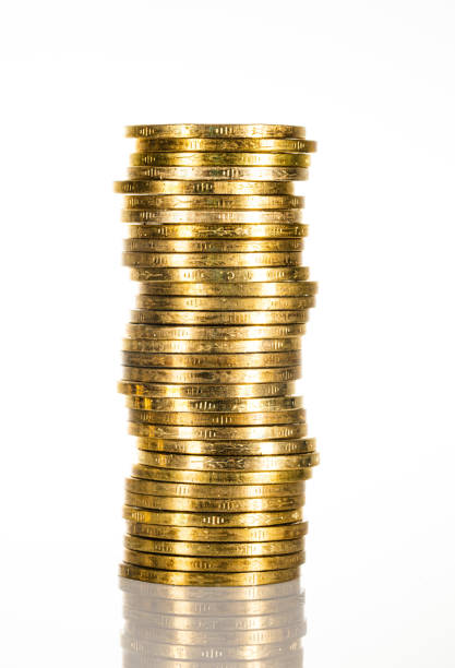 Metal coin tower on white  background
