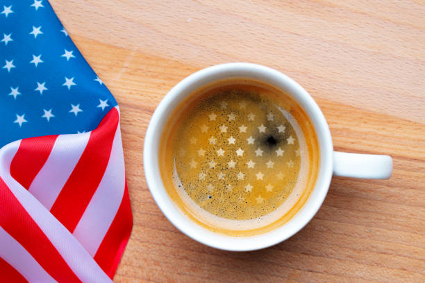 independence day usa concept. memorial day. cup of coffee with american flag on white background top view flat lay - photography starbucks flag sign imagens e fotografias de stock