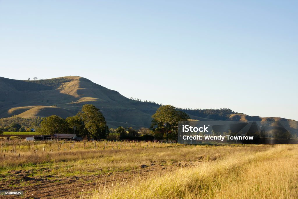 Farm house in front of rolling hills in afternoon shadow  Australia Stock Photo