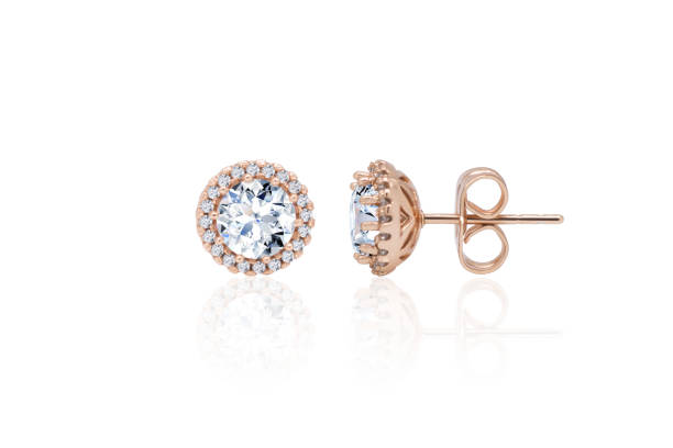 earrings isolated, with blue crystals and diamonds. - gold earring imagens e fotografias de stock