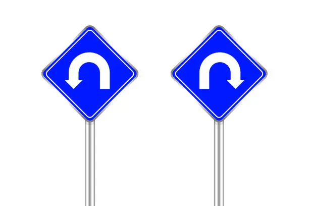 Vector illustration of road sign of arrow pointing left and right u-turn, traffic road sign u-turn left and right isolated on white, warning caution sign and steel pole of direction signpost the way, traffic road sign blue