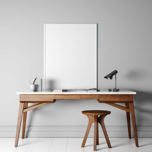 istock mock up poster frame in gray modern interior background, wooden office, 3D render, 3D illustration 1231892673