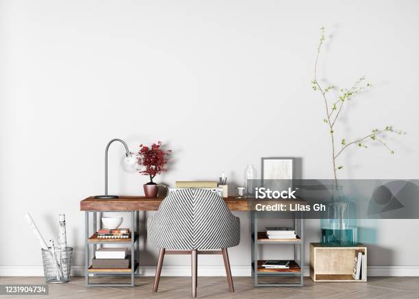 Mockup Interior For Wooden Desk Home Office Scandinavian Design 3d Render Stock Photo - Download Image Now