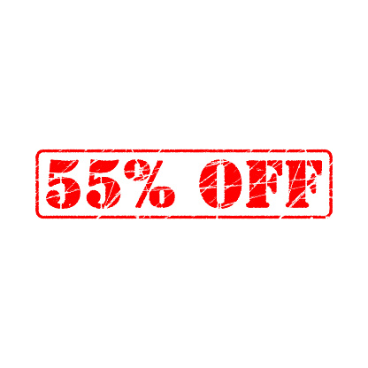 55% off on white background. fifty five Percent Off Promotional Advertising Banner. Special offer, great offer, sale.  Label and Tag with stamp effect