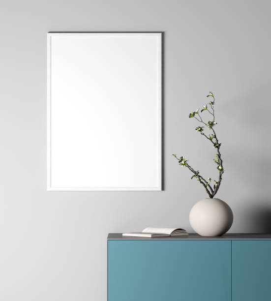 istock Empty white wooden frame on grey wall background, modern interior style, blue console with white pot on it. Stock photo 1231917990