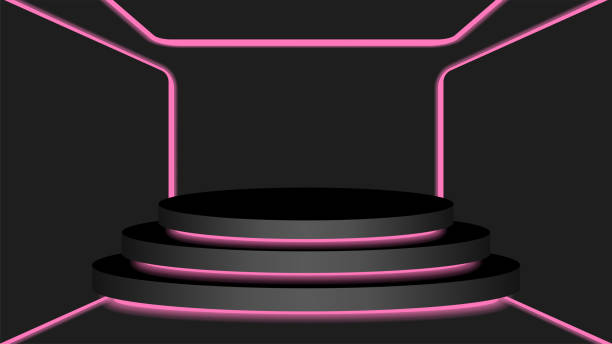 istock black circle pedestal 3d and pink light neon lamp glowing, cosmetics display modern and led light, podium stage show for position decor pink fluorescent glow light, pedestal box for product place 1231939446