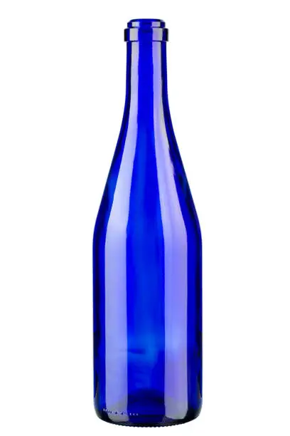Blue bottle of wine. Vertically standing wine bottle. File contains clipping path.
