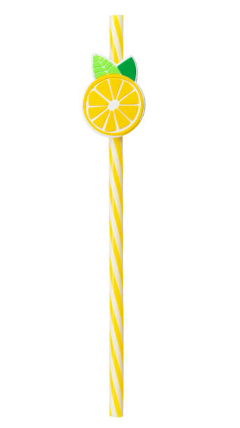 Single yellow drinking cocktail  straw decorated with lemon isolated on white background.
