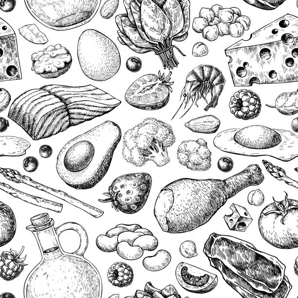 Keto diet vector seamless pattern drawing. Ketogenic hand drawn background. Vintage engraved sketch. Keto diet vector seamless pattern drawing. Ketogenic hand drawn background. Vintage engraved sketch. Organic food - seafood, vegetables, eggs, meat, nuts. Healthy eating concept, paleo products ketogenic diet illustrations stock illustrations