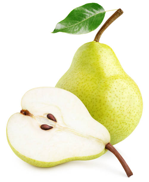 istock Green yellow pear fruits isolated on white 1231982557