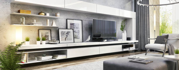 istock TV cabinet in a modern living room 1231983620