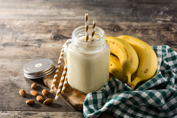 istock Banana smoothie with almond in jar 1231998108