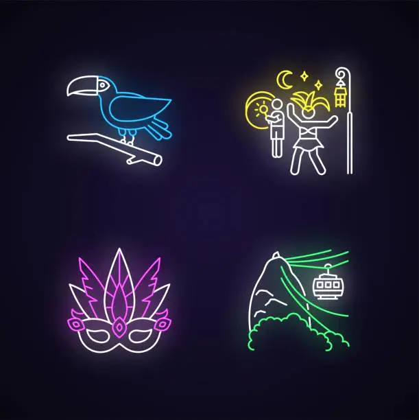 Vector illustration of Brazilian carnival neon light icons set. Traditional masquerade. Street party. Masquerade mask. PÃ£o de AÃ§Ãºcar. Toucan. Ropeway. Signs with outer glowing effect. Vector isolated RGB color illustrations