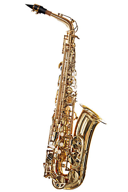 saxofón alto, con mucha luz, es aislado en blanco - light jazz fotografías e imágenes de stock