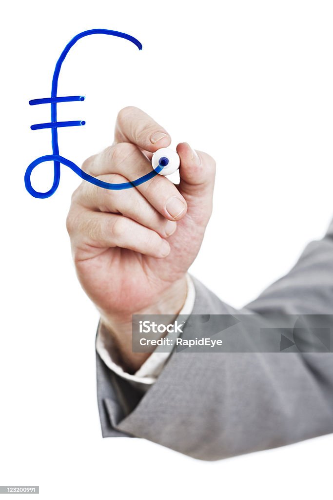 Businessman drawing pound sterling sign on perspex board A man's hand draws the pound sterling sign in blue on a transparent perspex board. Shot with Canon EOS 1Ds Mark III.  Acrylic Glass Stock Photo