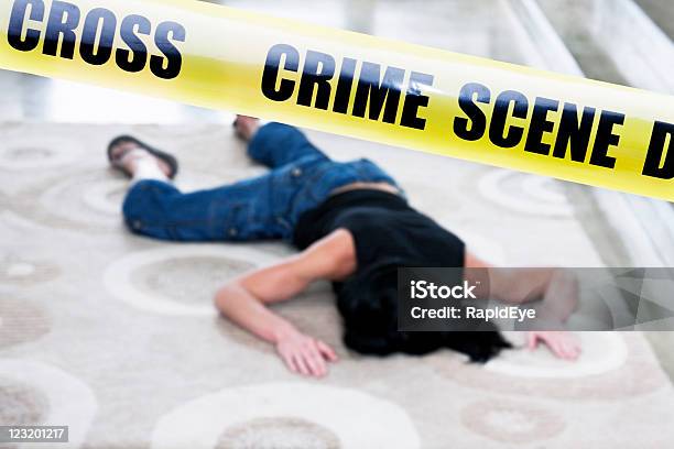 Murdered Woman Behind Police Cordon Tape Stock Photo - Download Image Now - Accidents and Disasters, Lying Down, Dead Person