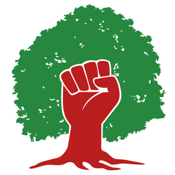 Concept of the fight against deforestation of the planet with a fist raised in front of a tree. Concept of the fight against the ecological disaster of deforestation with a logo representing a fist raised in front of the foliage of a tree. climate protest stock illustrations