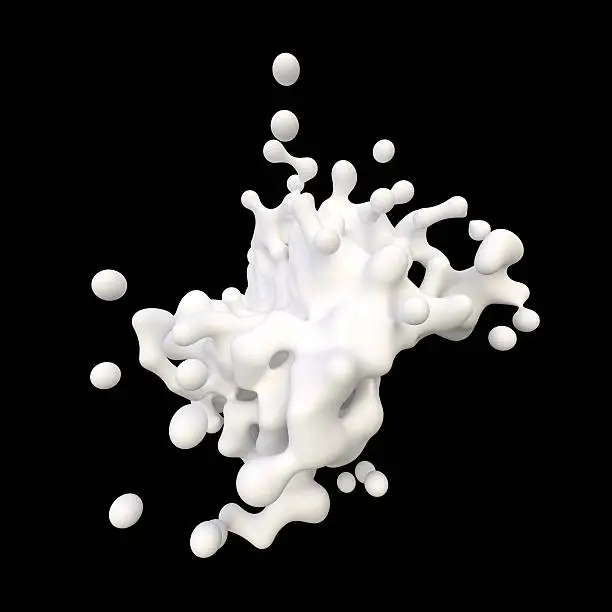 White 3-D render of cream in front of a pitch-black background.  There are little droplets of cream separated from the large body of cream.