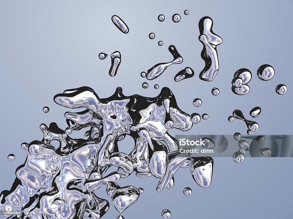 Liquid splash and droplets with reflections Reflective liquid splashes on blue background. Liquid Stock Photo