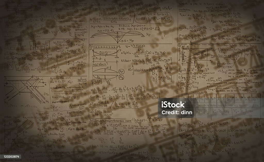 Authentic handwritten schemes and formulas background Authentic handwritten physical science reckonings on old paper. Multilevel complex scientific background with detailed calculations and diagrams. Intellectual Property Stock Photo