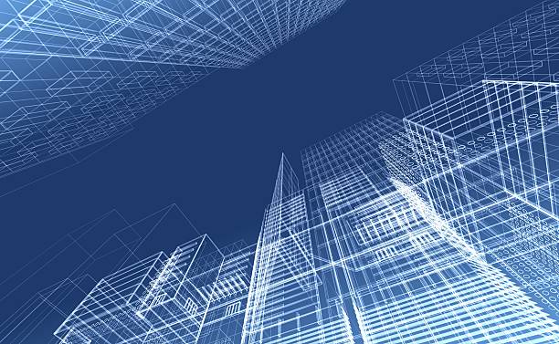 Architectural drawing - wireframe render Architectural blueprint render of contemporary buildings in wireframe layout. Blueprint stock pictures, royalty-free photos & images