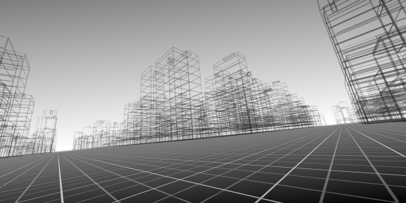 Black and white perspective render of contemporary buildings in wireframe layout.