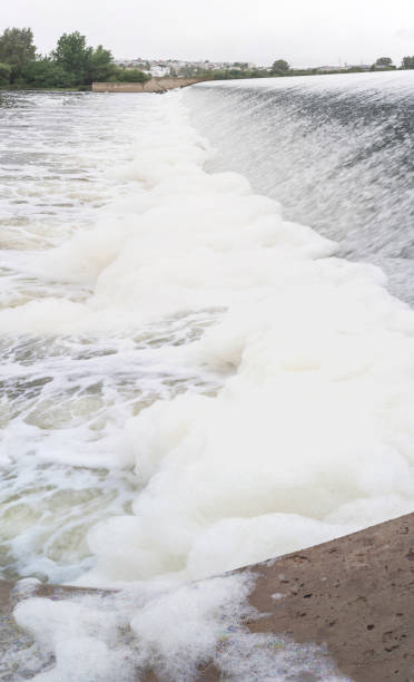 istock Polluted river full of foam at diversion dam 1232034999
