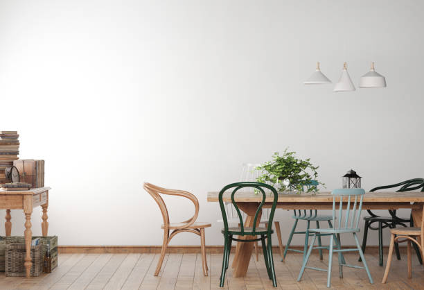Mock up farmhouse dining room, Minimalist design in white background. Stock photo Mock up farmhouse dining room with wooden colored chairs and table. Two empty white frames in minimal design in white background. 3D illustration. dining room stock pictures, royalty-free photos & images