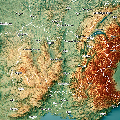 3D Render of a Topographic Map of the region Auvergne-Rhone-Alpes in France. Version with Boundaries and Cities.\nAll source data is in the public domain.\nColor texture: Made with Natural Earth. \nhttp://www.naturalearthdata.com/downloads/10m-raster-data/10m-cross-blend-hypso/\nRelief texture: NASADEM data courtesy of NASA JPL (2020). URL of source image: \nhttps://doi.org/10.5067/MEaSUREs/NASADEM/NASADEM_HGT.001\nWater texture: SRTM Water Body SWDB:\nhttps://dds.cr.usgs.gov/srtm/version2_1/SWBD/\nBoundaries Level 0: Humanitarian Information Unit HIU, U.S. Department of State (database: LSIB)\nhttp://geonode.state.gov/layers/geonode%3ALSIB7a_Gen