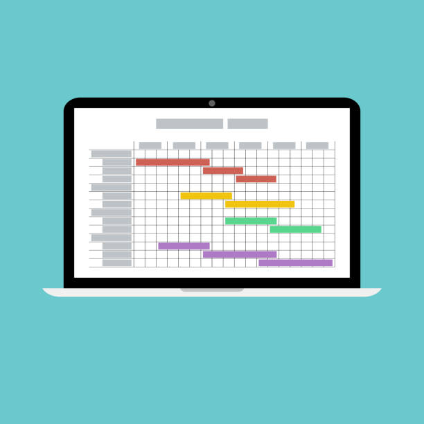 projekt szacowany harmonogram jako wykres gantta na ekranie laptopa - flow chart strategy analyzing chart stock illustrations