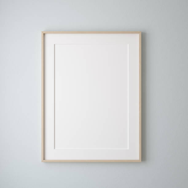 Mockup poster frame close up on wall painted pastel blue color Mockup poster frame close up on wall painted pastel blue color, 3d render art product stock pictures, royalty-free photos & images