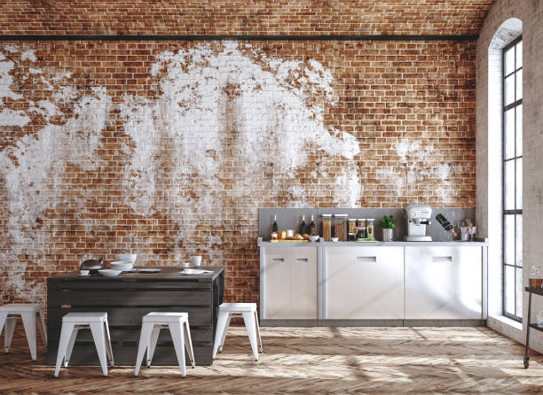 кухонный интерьер на чердаке, промышленный стиль - industrial interior стоковые фото и изображения