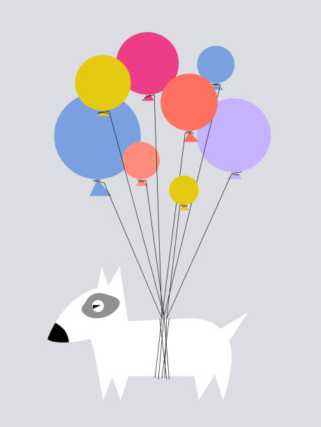 ilustraciones, imágenes clip art, dibujos animados e iconos de stock de perro volando en los globos - birthday card dog birthday animal