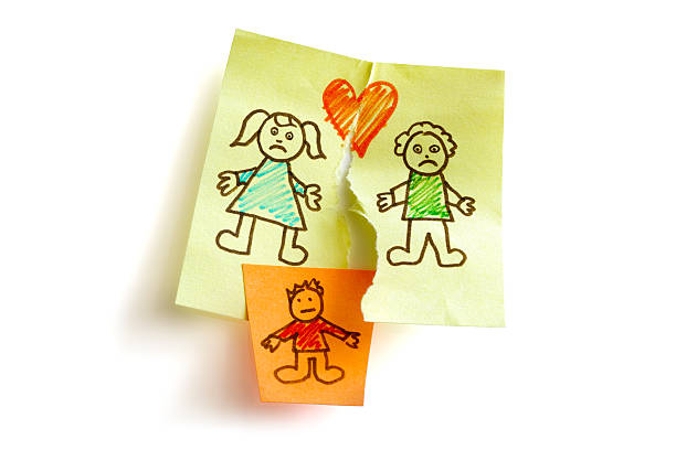 Divorce and child custody Unhappy family and child custody battle concept sketched on sticky note paper divorce children photos stock pictures, royalty-free photos & images