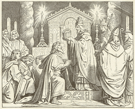 The Coronation of Charlemagne (747/748 - 814) in Rome on 25 December 800 by Pope Leo III (c. 750 - 816). Woodcut engraving after a drawing by Moritz von Schwind (Austrian painter, 1804 – 1871), published in 1881.