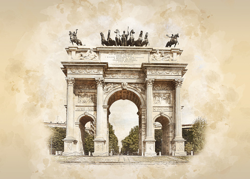 Arch of Peace in Sempione Park, Milan, Lombardy, Italy. Arco della Pace aka Porta Sempione in Milan, sketch drawing