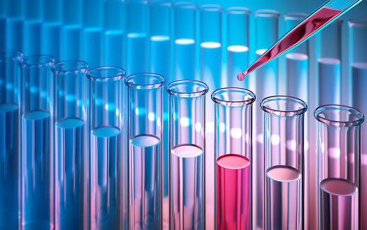 Test-tubes with reflections on a colored background. Laboratory glassware.