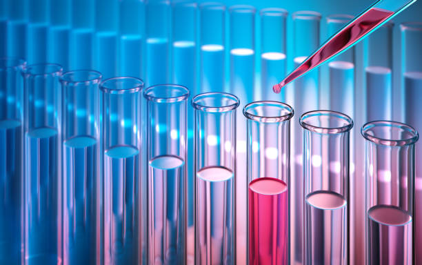 Science/Chemical Concept Test-tubes with reflections on a colored background. Laboratory glassware. science research stock pictures, royalty-free photos & images