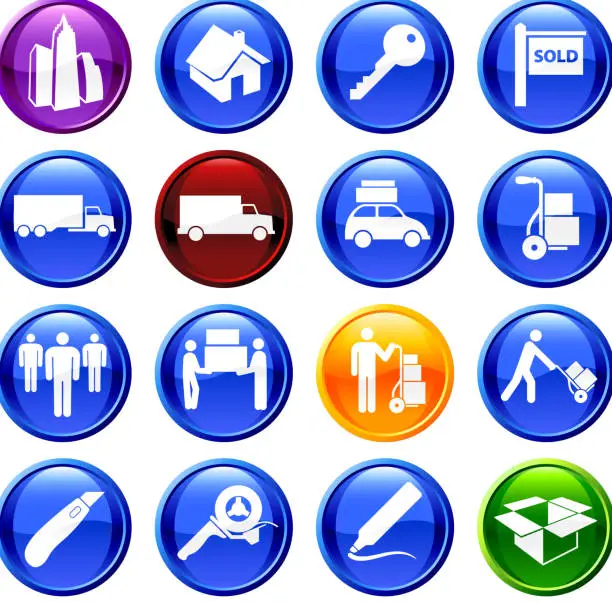 Vector illustration of moving and relocation sixteen royalty free vector icon set