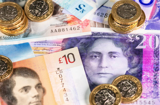 Close-up of a collection of Scottish £5, £10 and £20 banknotes and pound coins.