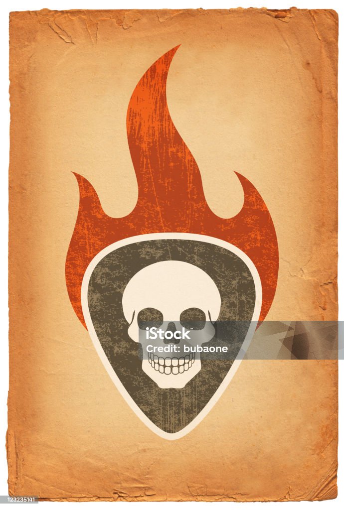 Burning Skull Rock and roll guitar pick Burning Skull Rock and roll guitar pick on old paper background Beige stock illustration