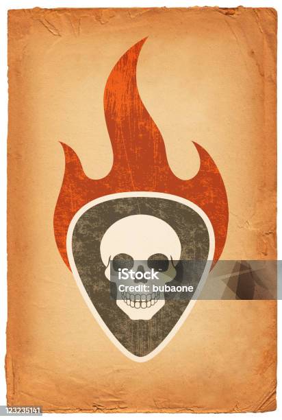 Burning Skull Rock And Roll Guitar Pick Stock Illustration - Download Image Now - Beige, Black Background, Burning