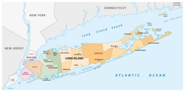 ilustraciones, imágenes clip art, dibujos animados e iconos de stock de mapa de vectores administrativos y políticos de larga isla - new york