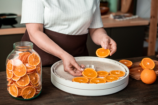 Hands of housewife putting orange slices on plastic trays of food dryer while making citrus candied fruit for winter in the kitchen