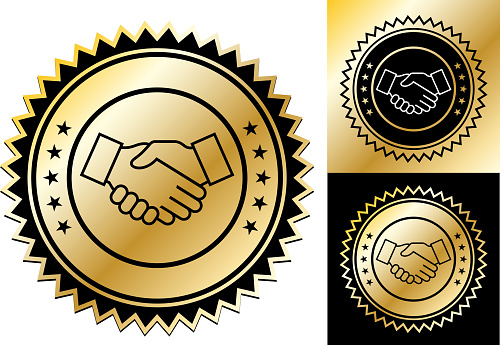 Handshake Icon. This 100% royalty free vector illustration is featuring a golden round seal with a small drop shadow and the main icon is depicted in black. Two smaller variations are on the right.