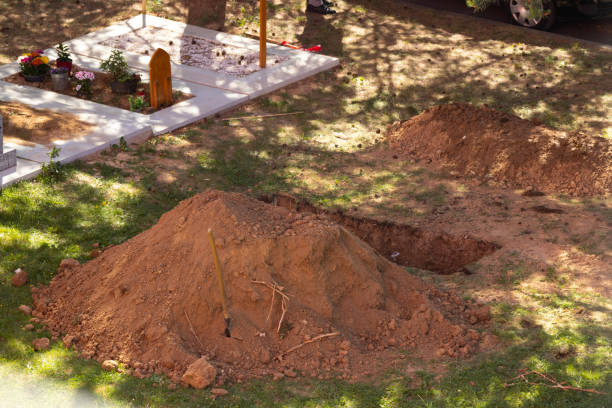 死の光の影の墓地を掘る新しい墓泥土の土壌山を掘る - sentinels of the tomb ストックフォトと画像