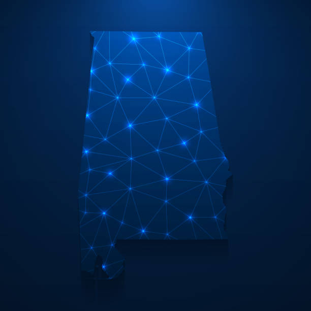 Alabama map network - Bright mesh on dark blue background Map of Alabama created with a mesh of thin bright blue lines and glowing dots, isolated on a dark blue background. Conceptual illustration of networks (communication, social, internet, ...). Vector Illustration (EPS10, well layered and grouped). Easy to edit, manipulate, resize or colorize. alabama us state stock illustrations